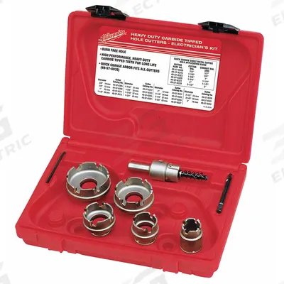 MILWAUKEE Hole Cutter Kit: 7 Pieces, 1/8 in Max. Cutting Dp, Carbide Tipped - Metal-Cutting Hole Cutter Kits
