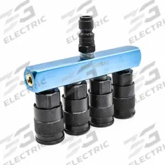INTERSTATE PNEUMATICS Pipe Manifold Fitting: Inline, Rectangle, Aluminum, 1 Inlets, 4 Outlets (MPN FPM44S-KA6). Key specifications — Material: Aluminum; Brand: INTERSTATE PNEUMATICS; Specific Fitting Shape: Rectangle.