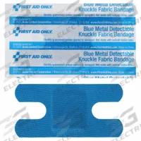 FIRST AID ONLY Adhesive Bandage: Knuckle Bandages, 1 1/2 in Wd, 3 in Lg, Metal Detectable, Fabric (MPN G174). Key specifications — Product Type: Knuckle Bandages; Unitized: Unitized; Water Resistance: Not Water Resistant; Brand: FIRST AID ONLY; Latex Content: Latex Free; Metal Detectable: Metal Detectable; Package Type: Box; Manufacturer Part Number: G174.