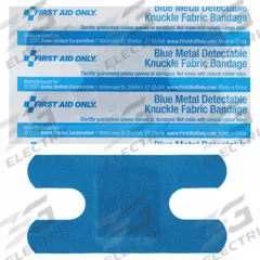 FIRST AID ONLY Adhesive Bandage: Knuckle Bandages, 1 1/2 in Wd, 3 in Lg, Metal Detectable, Fabric (MPN G174). Key specifications — Product Type: Knuckle Bandages; Unitized: Unitized; Water Resistance: Not Water Resistant; Brand: FIRST AID ONLY; Latex Content: Latex Free; Metal Detectable: Metal Detectable; Package Type: Box; Manufacturer Part Number: G174.