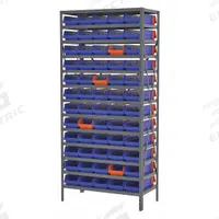 AKRO-MILS Bin Shelving: 36 in x 18 in x 79 in, 1 Usable Sides, 13 Shelves, 60 Bins, Indicator Bin (MPN AS187936468B). Key specifications — Bin HxWxD: (60) 4 in x 6-5/8 in x 17-7/8 in; Frame Material: Steel; Frame Color: Gray; Bin Color: Blue; Orange; Brand: AKRO-MILS.
