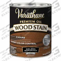 VARATHANE Wood Stain: Wood Stain, Interior, Oil, 1 qt Container Size, Wood, Satin, Golden Mahogany (MPN 211718H). Key specifications — Brand: VARATHANE; Transparency: Semi-Transparent; Use Location: Interior; Sheen: Satin; Sub-Brand: Varathane; Color: Golden Mahogany.