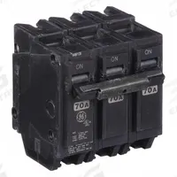 GE Miniature Circuit Breaker: THQL, 70 A, 120/240V AC, Three Phase, 10kA at 120/240V AC, Std (MPN THQL32070). Key specifications — Amps: 70 A; AC Voltage Rating: 120/240V AC; Phase: Three; Max. AIR Rating: 10kA at 120/240V AC; For Use With: Power Mark Gold Load Centers and AQ Lighting Panels.