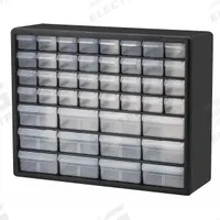 AKRO-MILS Drawer Bin Cabinet: 20 in x 6 1/2 in x 15 3/4 in, 44 Drawers, Stackable, Polystyrene (MPN 10144). Key specifications — attr66719: Polystyrene; attr66728: Yes; attr66722: Clear; attr66720: Drawer; attr66726: (12) 2 in x 6 in x 4-1/2 in; attr66716: Black; attr66753: Plastic; attr66710: AKRO-MILS.