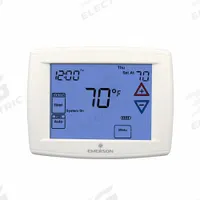 EMERSON Low Voltage Thermostat: Heat and Cool, Auto, 5-1-1/7 Day, Horizontal, Rectangle, Horizontal (MPN 1F95-1291). Key specifications — Application: Heat and Cool; Stages: 2H/2C Conventional, 4H/2C Heat Pump; Programming Capability: 7 Day; Shape: Rectangle; Terminal Designations: -; Temperature Control Range: 45° to 99°F; Changeover Type: Automatic; Brand: EMERSON.