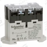 SCHNEIDER Enclosed Power Relay: DIN-Rail & Surface Mounted, 30 A Current Rating, 120V AC, SPST-NO (MPN 725AXXSC3ML-120A). Key specifications — attr211321: SCHNEIDER; attr864602: DIN Rail & Top Flange; attr864634: Screw Terminal; attr864642: 725AXXSC3ML-120A; attr869492: 30 A at 240V AC (Resistive Load); attr934629: Harmony™ 725 Power Series.