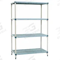 METRO Shelf Plastic Industrial Shelving (4): 24 in x 60 in, 62 in Overall Ht, 4 Shelves (MPN Q566G3). Key specifications — Resistance Properties: Antimicrobial; Shelf Adjustment Type: Quick-Adjust; Frame Material: Steel; Shelving Material: Steel; Brand: METRO.