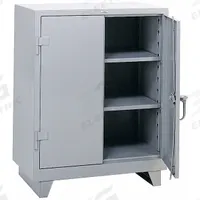 LYON Storage Cabinet: 36 in x 21 in x 46 in, Swing Handle & Padlock Hasp, 14 ga Panel Thick, Legs (MPN DD1110). Key specifications — attr62698: Gray; attr62736: Welded; attr87895: Legs; attr62693: Assembled; attr62737: Stationary; attr62694: Adjustable; attr62695: Powder Coated; attr62696: Steel.