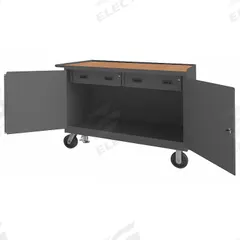DURHAM MFG Mobile Cabinet Workbench: 48 in x 24 in, Hardboard, 3,600 lb Overall Load Capacity, Gray (MPN 3414-TH-FL-95). Key specifications — Included Components: Handle on Side; Assembly: Fully Assembled; Brand: DURHAM MFG.