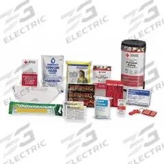 FIRST AID ONLY Survival Kit: 32 Components, Backpack, 1 People Served (MPN RC-613). Key specifications — Rations Included: Emergency Drinking Water; First Aid Supplies Included: (3) BZK Antiseptic Towelettes; Housing Material: Plastic; Container Type: Backpack; Hygiene Supplies Included: 0.9 g Hand Sanitizer; PPE and Shelter Supplies Included: N95 Mask; Power and Lighting Supplies Included: Light Stick; Writing and Communication Supplies Included: Whistle.