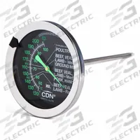 CDN Ovenproof Meat Thermometer: Meat and Poultry/Roasts, Analog, 5 3/8 in Overall Lg, 2 in Dial Size (MPN IRM200-GLOW). Key specifications — Accuracy: ±2 ° F or ±1 ° C; Brand: CDN; Case Material: Stainless Steel; Display Type: Analog; Features: Target Range Indication; Lens Material: Glass; NSF Certified: Yes; Thermometer Type: Ovenproof Meat Thermometer.
