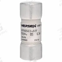 Semiconductor Fuse: A70QS Series, 63 A, 700 V AC, 700 V DC DC Volt Rating, Indicating (MPN A70QS63-22F). Key specifications — Series: A70QS; Brand: MERSEN; Voltage Type: AC/DC.