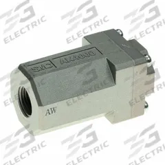 SMC Pneumatic Check Valve: Bushing, 1/2 in NPT, 3/8 in NPT, 1 MPa Max. Pressure (MPN AK4000-N03). Key specifications — attr291949: 1/2 in NPT; attr291950: 3/8 in NPT; attr291957: Aluminum Die Cast (Body); Aluminum Die Cast (Cover); NBR (O-Ring); POM (Valve); attr294749: SMC.