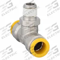 PARKER Push-Fit Tee Fitting: 12 mm OD x 12 mm OD x 1/4 in Pipe Size, Brass, 29 5/32 mm Overall Lg (MPN W172PLP-12M-4R). Key specifications — Brand: PARKER; Thread Size A: 1/4".