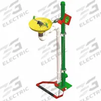 HUGHES SAFETY Plumbed Eyewash: Std, Floor Mnt, Eyes and Face Coverage, Uncovered, Plastic Bowl (MPN 75GP). Key specifications — Activation: Push Plate; Brand: HUGHES SAFETY.