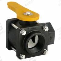 BANJO Manual Three-Way Ball Valve: 2 in, Polypropylene, L Flow, FNPT x FNPT x FNPT, Three-Piece (MPN V200SL). Key specifications — Brand: BANJO; Handle: Lever.