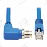 EATON TRIPP LITE Ethernet Cable: 6.6 ft Lg, X Coding, M12 Male Right Angle x RJ45 Male Straight, PVC (MPN NM12-6A4-02M-BL). Key specifications — Brand: EATON TRIPP LITE; Cable Jacket Color: Blue; End 1 Coding: X; IP Rating: IP68; Performance Category: Cat6a; Power over Ethernet (PoE): PoE++.