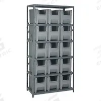 QUANTUM STORAGE SYSTEMS Bin Shelving: 36 in x 18 in x 75 in, 1 Sided, 15 Bins, Open, Gray, 6 Shelves (MPN QSBU-600GY). Key specifications — Includes Bins: Yes; Bin Material: Polypropylene; Frame Color: Gray; Bin HxWxD: (15) 12-1/4 in x 8 in x 15-5/8 in; Frame Material: Steel; Bin Color: Gray; Bin Style: Hang and Stack; Brand: QUANTUM STORAGE SYSTEMS.