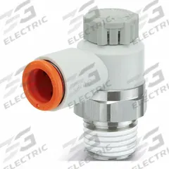 SMC Speed Control Valve: Elbow Fitting, Knob, 1/4 in/1/8 in Valve Body Size, 3/8 in Tube, Meter Out (MPN AS2201F-N02-11SA). Key specifications — attr947203: Brass/PBT; attr947205: SMC.