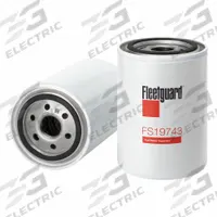 FLEETGUARD Fuel Filter: Spin-On, 5 3/8 in Overall Lg, 3 11/16 in Outside Dia, 1"-12 Thread Size (MPN FS19743). Key specifications — attr434022: FLEETGUARD; attr427730: Cellulose; attr1017113: Fuel Pump.