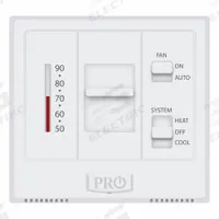 PRO1 IAQ Low Voltage Thermostat: Heat and Cool, Manual, B/G/O/RC/RH/W/Terminal Designations, Square (MPN T501M). Key specifications — Application: Heat and Cool; Temperature Differential: 1˚F; Voltage: 24V AC; Terminal Designations: Y; System Settings: Cool-Heat-Off; Temperature Control Range: 50° to 90°F; Changeover Type: Manual; Shape: Square.