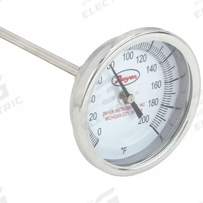 Dwyer Long Reach Dial Thermometer: 0°F to 200°F, +/- 1% Accuracy, 3 in Dial Dia - Fixed-Angle Long-Reach Thread-Mount Dial Thermometers