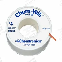 CHEMTRONICS Desoldering Wick: Rosin Flux, # 4, 0.1 in, 25 ft, Blue, Std (MPN 10-25L). Key specifications — Color: Blue; Brand: CHEMTRONICS; Manufacturer Part Number: 10-25L.