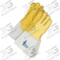 BDG Leather Gloves: L ( 9 ), Cowhide, Premium, Glove, Full Finger, Gauntlet Cuff, Unlined, 1 PR (MPN 64-1-1065C-105). Key specifications — Brand: BDG; Glove Back Color: Yellow; Glove Back Material: Deerskin; Glove Liner Material: Unlined; Oil Resistant: No; Reflective Backing: No; Includes Double Palm: No; Palm Color: Yellow.