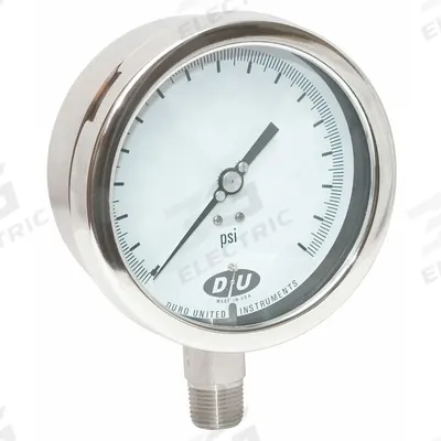 DURO Industrial Pressure Gauge: 0 psi to 1,000 psi, White, 4 1/2 in Dial, 1/2 in NPT Male - All-Stainless Steel Wetted Parts & Casing