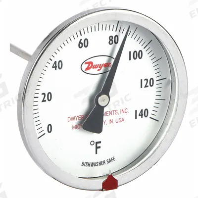 Dwyer Clip On Dial Thermometer: 0°F to 140°F, +/- 2% Accuracy, 8 in Stem Lg - General Purpose Vat & Pan Clip-On Dial Thermometers