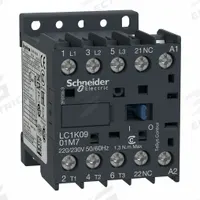 SCHNEIDER Contactor: Non-Reversing, 3 Poles, 3NO Contacts, 9 A, 480V AC Coil (MPN LC1K0901T7). Key specifications — Brand: SCHNEIDER; Integrated Surge Suppression: No.