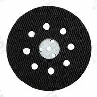 BOSCH Soft Sanding Pad: 5 in Wd, Round, Hook and Loop, Soft, 8 Vacuum Holes, Rubber (MPN RS031). Key specifications — attr667743: Disc Backup Pad; attr667724: Round; attr667738: 8; attr667733: Rubber; attr667729: 1295DVS; attr667721: RS031; attr667725: BOSCH.