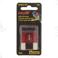 BUSSMANN Automotive Fuse: MAX Series, Fast-Acting, 50 A, 32 V DC, Indicating (MPN BP/MAX-50ID). Key specifications — Series: MAX; Brand: BUSSMANN; Fuse Profile: Standard Profile.