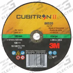 3M CUBITRON II Abrasive Cut-Off Wheel: Type 1, 4" x 0.06" x 3/8", Ceramic, 36 Grit (MPN 66520). Key specifications — Brand: 3M CUBITRON II.