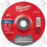 MILWAUKEE Grinding Wheel: Type 27, 6" x 1/4" x 7/8", Ceramic, 24 Grit (MPN 49-94-0723). Key specifications — Brand: MILWAUKEE.