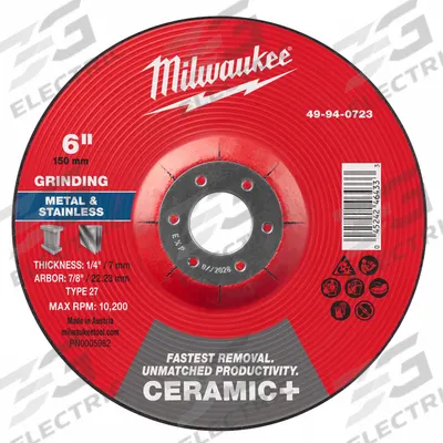 MILWAUKEE Grinding Wheel: Type 27, 6" x 1/4" x 7/8", Ceramic - Cool-Cutting Grinding Wheels for Carbon & Stainless Steel