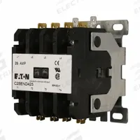 EATON Definite Purpose Magnetic Contactor: 4 Poles, 120V AC, 25 A, Non-Reversing (MPN C25END425A). Key specifications — Brand: EATON; Coil Voltage: 110-120V AC; Contactor Style: HVACR Definite Purpose Contactor; Frame Size: E; Terminal Connection Type: Quick-Disconnect Terminals; Maximum Voltage Rating: 690V AC; Series: C25 Series; Phase: Three.