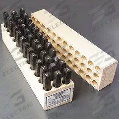 YOUNG BROS. STAMP WORKS Hand Stamp Kit: 5/16 in Character Ht, 3 in Shank Lg, Steel, Sharp-Face (MPN 07363). Key specifications — Material: Steel; Brand: YOUNG BROS. STAMP WORKS; Characters Included: A thru Z, Period.