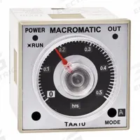 MACROMATIC Time Delay Relay: Socket Mounted, 100 to 240V DC/24 to 240V AC, 5 A, 8 Pins/Terminals (MPN TAA1U-G). Key specifications — Adjustment Method: Dial; Delay Function: Interval ON; Mounting Style: Plug-In; Input Voltage: 100 to 240V DC; Brand: MACROMATIC.
