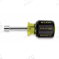 KLEIN TOOLS Hollow Round Shank Nut Driver: Straight, SAE, With Magnetized Tip, Std, 5/16 in Tip Size (MPN 610-5/16M). Key specifications — attr1214485: Round; attr1214505: KLEIN TOOLS.