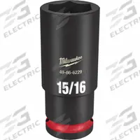 MILWAUKEE Deep Impact Socket: 1/2 in Drive Size, SAE, 15/16 in Socket Size, 6-Point, Deep, Friction (MPN 49-66-6229). Key specifications — attr1215501: MILWAUKEE; attr1215515: Black Phosphate; attr1215518: 15/16 in.