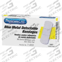 FIRST AID ONLY Adhesive Bandage: Strip Bandages, 1 in Wd, 3 in Lg, Metal Detectable, Fabric, Strip (MPN 1-655). Key specifications — Product Type: Strip Bandages; Unitized: Unitized; Water Resistance: Not Water Resistant; Brand: FIRST AID ONLY; Latex Content: Latex Free; Metal Detectable: Metal Detectable; Package Type: Box; Manufacturer Part Number: 1-655.