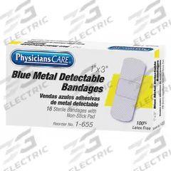 FIRST AID ONLY Adhesive Bandage: Strip Bandages, 1 in Wd, 3 in Lg, Metal Detectable, Fabric, Strip (MPN 1-655). Key specifications — Product Type: Strip Bandages; Unitized: Unitized; Water Resistance: Not Water Resistant; Brand: FIRST AID ONLY; Latex Content: Latex Free; Metal Detectable: Metal Detectable; Package Type: Box; Manufacturer Part Number: 1-655.