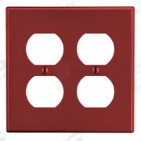 HUBBELL Wall Plate: Duplex Outlet, 2 Gang, Red, Midsize Size (MPN PJ82R). Key specifications — Brand: HUBBELL; Material: Polycarbonate.