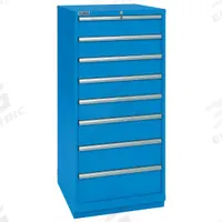 LISTA Modular Drawer Cabinet: 28 1/4 in x 28 1/2 in x 57 1/8 in, 8 Drawers, 81 Compartments, Steel (MPN SC13-0801A-FTKABB). Key specifications — Drawer Inside Height: (5) 5.12 in; Drawer Access: Single; Base Type: Frame; Number of Compartments per Drawer: (5) 18; Brand: LISTA; Cabinet Color: Bright Blue.