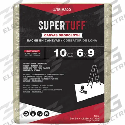 SUPERTUFF Drop Cloth: Extra Heavy Duty, Cotton Canvas, 32 mil Thick, 6 ft Wd, 9 ft Lg - Standard Drop Cloths