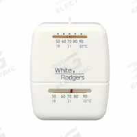 EMERSON Low Voltage Thermostat: Heat Only, RH/W, No Fan Setting, On, On/No Fan Setting, Vertical (MPN 01C20 102S1). Key specifications — Application: Heat Only; Temperature Differential: 2°F Heating, 4°F Cooling; Voltage: 30V AC; Terminal Designations: W; System Settings: On; Temperature Control Range: 50° to 90°F; Shape: Rectangle; Brand: EMERSON.
