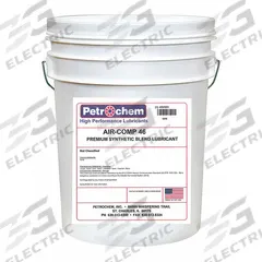 PETROCHEM Compressor Oil: 5 gal, Pail, 15 SAE Grade, 46 ISO Viscosity Grade, 97 Viscosity Index (MPN AIR-COMP 46-005). Key specifications — attr59744: 97; attr59746: 46; attr59736: No; attr59735: Pail; attr59738: Air-Comp Series; attr59749: 15.