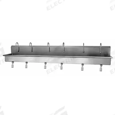 SANI-LAV Wash Station: 6 Stations, 8 in Bowl Dp, 117 in Bowl Lg, 16 1/2 in Bowl Wd - Six-Station Wall-Mounted Wash Stations with Faucets