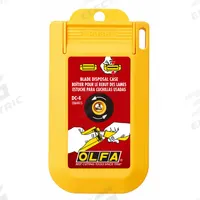 OLFA Blade Disposal Unit: Blade Disposal Case, Plastic, Panel Mount/Wall Mount, Yellow (MPN DC-4). Key specifications — attr307480: Yellow; attr307478: Plastic; attr307477: Approximately: (200) 9mm Blades / (2,600) Edges; (50) 18mm Blades / (400) Edges; (10) 25mm Blades / (70) Edges; (30) SKB Safety Blades; or (100) RSKB Safety Blades; attr307479: Wall Mount.